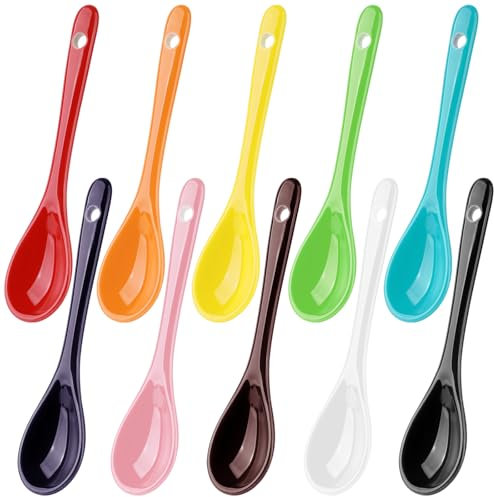 Mispudin 10 Color Ceramic Spoons, 4.8 inch Small Porcelain Egg Spoons Set, Mini Teaspoons Coloured for Coffee, Yogurt, Tea, Espresso, Dessert, Jam and Milky