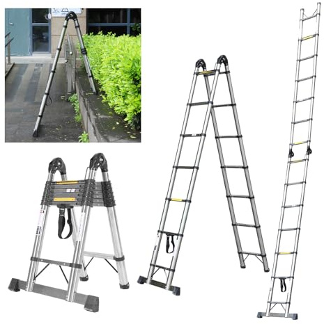 JADDUO Échelle Télescopique en Aluminium 5.6 m (2.8 m + 2.8 m) avec Stabilisateur et Roues Capacité 150 kg Idéale pour Nettoyage Gouttières et Réparations Extérieures