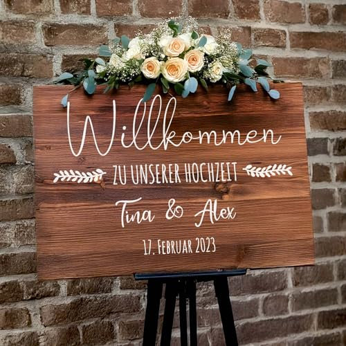 Willkommensschild Hochzeit aus Holz, Hochzeitsschild personalisiert mit Namen, Holzschild Hochzeit
