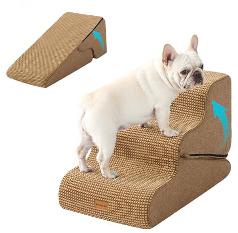 Gardner Pet Dog Stairs for Small Dogs 16.5 H, 2 in 1 Transformable 3-Step Pet Stairs and Dog Ramp for Couch (13-20 in), Brown Adjustable Pet Steps with Non-Slip Waterproof Cover and CertiPUR-US Foam