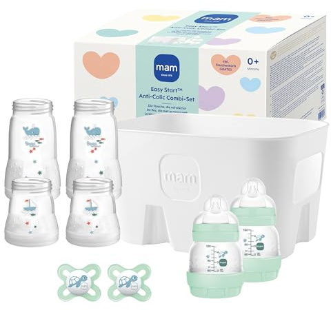 MAM Easy Start Anti-Colic Combi-Set | 0+ Mon | Babyflaschen-Set | 94% Akzeptanz | 96% Hebammen-Empfehlung | 80% weniger Koliken | 6 Trinkflaschen, 2 Original Start Schnuller & 1 Flaschenkorb | mint