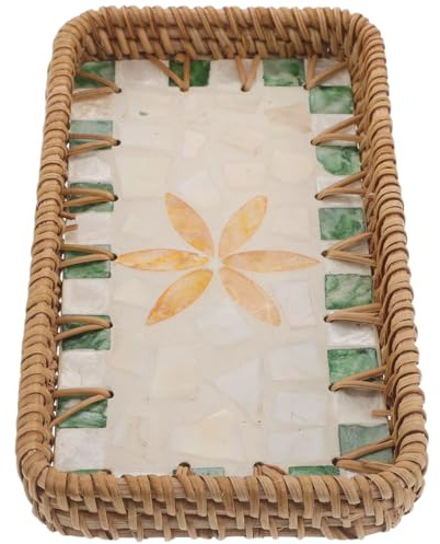Ipetboom Piccolo Cestino Intrecciato in Rattan Decorazioni Conchiglia Giallo Cristallo Vassoio Porta Trucchi Multifunzione Leggero e Portatile Organizer Cosmetici da Scrivania per Bagno