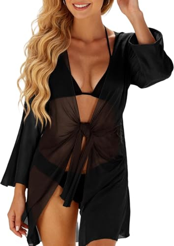 Saodimallsu Bikini da donna, estivo, kimono, cardigan, lungo, in chiffon, leggero, con laccetto, poncho da spiaggia, abito sexy da spiaggia, Nero , XL