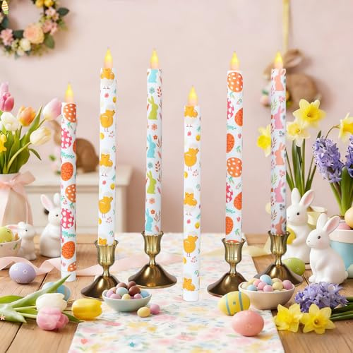 LCZLUMIPRO 6Pcs Easter Taper Candles – 10.6 Battery Operated Flameless LED Candles with Bunny, Chick & Egg Patterns, Flickering Flame, Safe Spring Decor for Table Centerpiece, Party & Home Decor