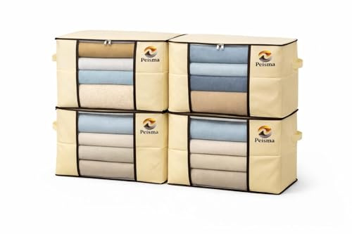 Peisma | Cajas de Almacenaje Ropa Grande 90L (Pack de 4) | Organizador Armario 60×40×35 cm con Ventana y Cremallera