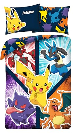Pokémon Barn Enkelsäng Påslakan 135x200 + Örngott Microfiber | Vändbart sängset | Enkelsäng | Microfiber Oeko-Tex | Snabbtorkande | Pikachu Lucario Gengar Charizard | Officiell licens