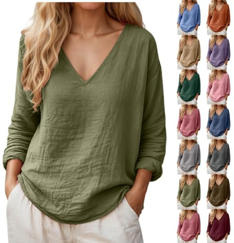 Chemise Femme Lin Manches Longues Tunique T-Shirt Col V Blouse Élégante Top Femme Coton Et Lin Léger Tee Shirt Couleur Unie Décontractée Haut Casual Ample pour Printemps Automne (1-Army Green, L)