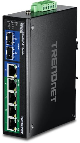 TRENDnet, TI-PG62B, Switch industriale Gigabit PoE+ solare DIN-rail a 6 porte, 12-56 V, relè di allarme, 2 slot SFP dedicati
