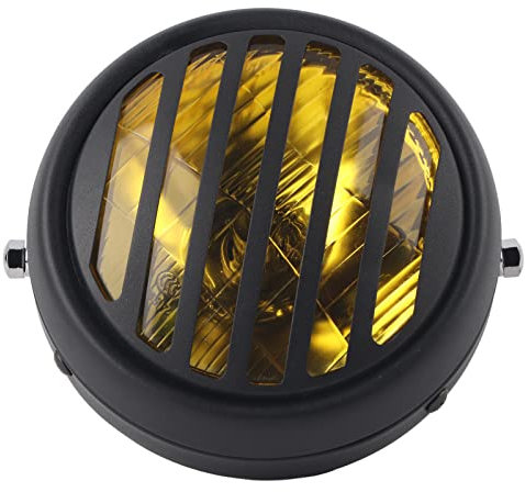 faro anteriore con paralume + Griglia Fanale Moto Fari Anteriori Universale Retrò Moto del Faro della Griglia della Copertura Neri del Guscio di Faro Principale 35W (giallo)