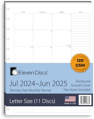 Eleven Discs Academic Year Monthly Calendar Refill July 2026-June 2027, 11-Disc, Monday Start, Letter 8.5 x 11, Fits Circa Arc & TUL, 120gsm Discbound Inserts, 2 Styles: Separated & Booklet, 38 Sheets