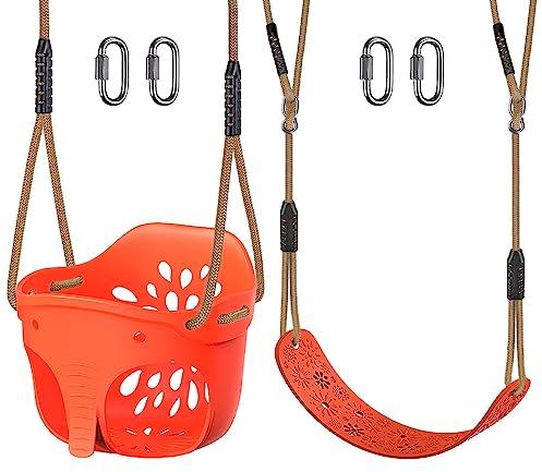 SELEWARE Cute High Back Full Bucket Toddler Elephant Swing Seat and Swing Seat Combo Pack, Heavy Duty Playground Trapeze Set with Adjustable Rope & 4 Carabiners, 600LB Weight Limit, Red