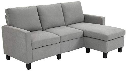 HOMCOM Sofá de Esquina sofá de 3 plazas con la Izquierda o la Derecha meridienne Reversible para Sala de Estar, Oficina, Plana, Tejido de poliéster 197L x 139W x 91H cm Gris Claro