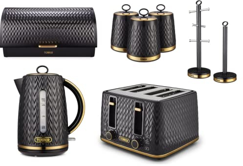 Tower Empire 1.7L 3KW Jug Kettle, 4 Slice 1600W Toaster, Bread Bin, Set of 3 Tea, Coffee & Sugar Canisters, Mug Tree & Towel Pole. Kitchen Set of 8 in Black with Brass Accents