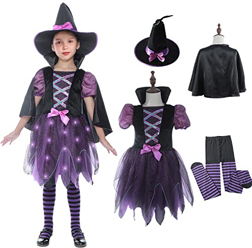 Sincere Party De luxe Allumer Violet Sorcière Costume pour les filles avec Chapeau et Collants 7-8 ans