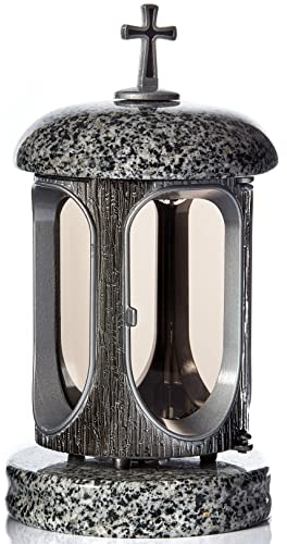 Large Round Granite Memorial Lantern – H 8.6 (22cm) Grey Graveside Tribute with Cross & Silver Frame - Funeral Gift, Cemetery Grave Ornaments, Memory Lantern, Candle Decoration for Graveyard