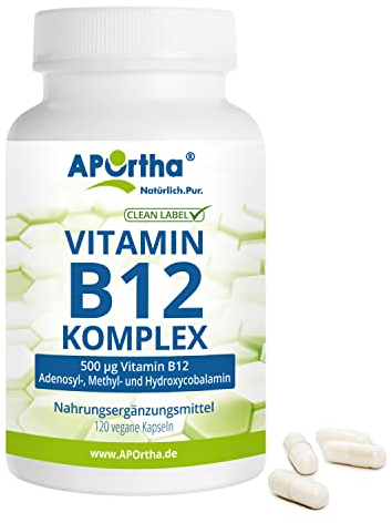 APOrtha® Vitamin B12 Komplex, 120 vegane Kapseln, 500 µg bioaktives Vitamin B12, Kapseln mit B12 Vitamin, hochdosiert, allergenfrei, vegan, glutenfrei, Alternative zu Tropfen und Tabletten