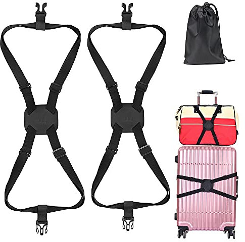 Lot de 2 sangles à bagages, 61 x 293 cm, très élastiques, réglables avec boucles, ceinture de bagage de voyage robuste, élastique facile à transporter, sac avec boucles (noir)