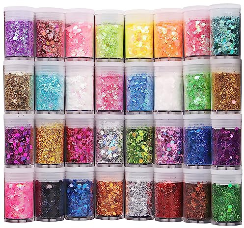 Nuangoo poudre brillante,Paillettes Fines pour Art & Craft,32 Couleurs Paillette Cosmétiques Glitter Fines pour Ongles Nail Art,Maquillage,Corps,les Loisirs Créatifs,Création de Cartes, multicolore