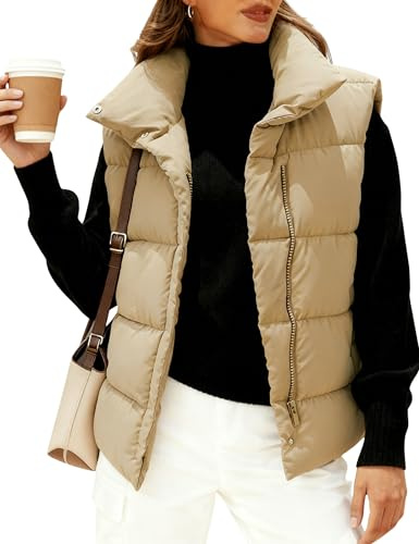 EsheSy Women's Puffer Vest Zip Up Sleeveless Lightweight Stand Collar Padded Gilet(Khaki-M)