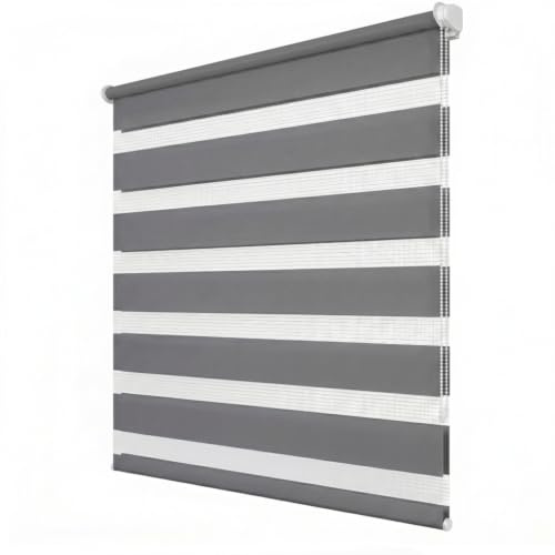 Ruby Deals Zebra Blinds Day & Night Roller Blind, Grey, W114 x H210 cm | Dual Layer Fabric Window Blinds, Light Filtering, No Drill or Drill Fit Blinds Curtains for Windows and Doors