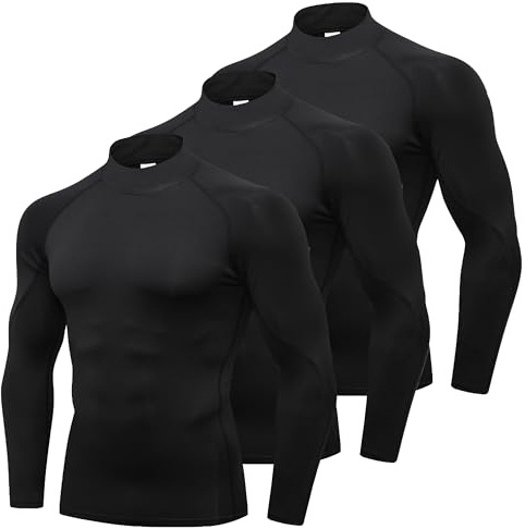 YUSHOW 3 Pack Compression Tops for Men Long Sleeve, 215GSM Non-See-Through Base Layer Mens, Turtleneck Sports Top for Running Gym Workout Football