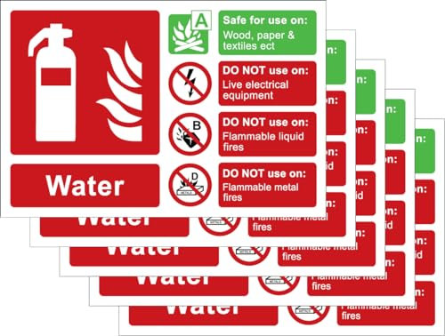 Pack of 5, 165mm x 110mm Water Fire extinguisher label, self adhesive vinyl sign