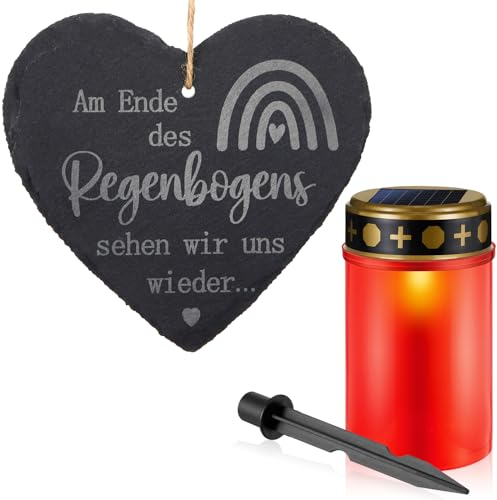 Weewooday Set de Decoración de Tumbas Luz LED Solar para Tumbas con Estaca Pizarra en Forma de Corazón Resistente a Intemperie con Grabado Vela LED para Cementerio con Parpadeo (Rojo)