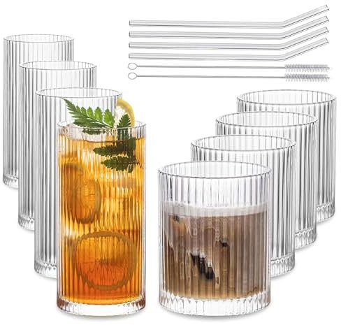 INSETLAN 8 Piece Ribbed Glassware - 4 Highball Glasses 12 oz, 4 Rocks Glass Cups 14 oz, Vintage Cocktail Drinking Glasses, Ideal for Wine, Juice, Water, Ice Coffee Cup, Whiskey, Mixed Drinkware