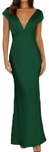 Halfisland - Vestido Largo de satén para Mujer, Cuello en V, Manga Casquillo, Espalda Descubierta, Elegante, Corte Torcido, Vestido Midi para invitada de Boda, Esmeralda/Sólidos, XL