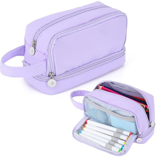 Alyvisun Federmäppchen Große Kapazität Mäppchen Etui Stifte mit 3 Fächern für Jungen und Mädchen, Robuste Schreibwaren Organizer Pencil Case mit Tragegriff für Schule und Büro (Lila)