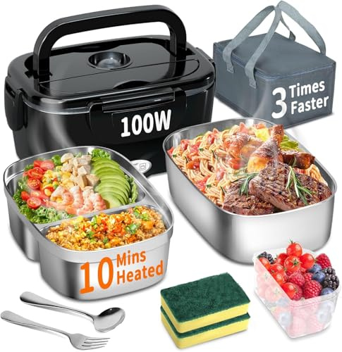 SOOOEC Electric Heated Lunch Box 100W - 3-in-1 Fast Heating Lunch Boxes Portable for Adults, 12V/24V/220V with 2 Pack Containers (Single & Compartment) for Car Truck Office (3 Times Faster)