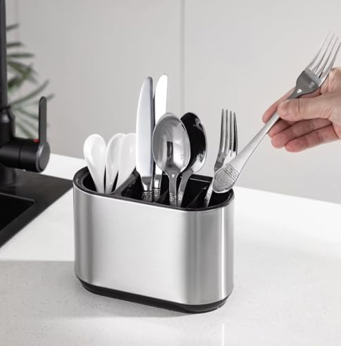Mayaaran Cutlery Drainer and Utensil Organiser – Stainless Steel Kitchen Utensils Holder with Removable Tray – Compact Cutlery Storage Caddy – Fingerprint proof & Easy to Clean
