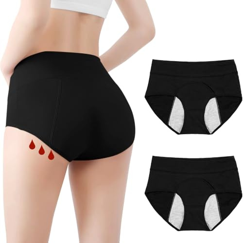 Lot de 2 Culotte Incontinence Femme Lavable, Culotte Anti Fuite Urinaire Femme Lavable Sous-vêtements Menstruels à Haute Absorption, Culottes Menstruelles Taille Haute (Noir, XL)