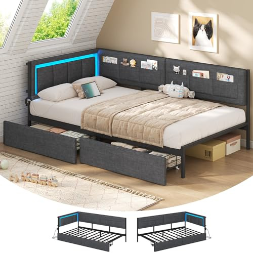 Canapé Lit 90x190 avec éclairage LED, Lit 90x190 à LED avec Multiprise, 6 sacs en Tissu, Cadre de Lits avec Sommier à Lattes en métal, Lit Banquette, Lits Coffre, Lit Enfant avec 2 Tiroir, Gris