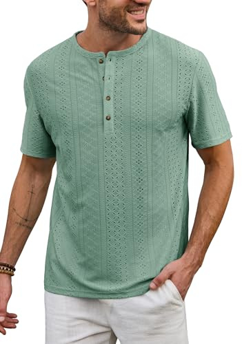 VOGSTART Men's Designer Stylish Henley Shirt Collarless New Henley Sweater Summer Retro Strechy Breathable 4 Button Ethnic Lightweight Basic Knit Short Sleeve Resort Textured Henley Tops Mint L