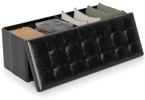 Giantex 43 Inches Folding Storage Ottoman Bench, Upholstered PU Leather Storage Chest with Side Pocket, Padded Seat, End of Bed Bench, Collapsible Ottoman Foot Rest for Living Room, Bedroom & Entryway