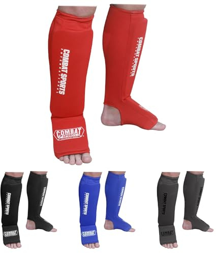 Combat Sports Shin & Instep Padded Guards, Elastic, Impact-Absorbing Shin Guards with Snug Support, Ideal for MMA, Muay Thai, and Martial Arts, Washable MMA Gear for Men and Women, Red, Small