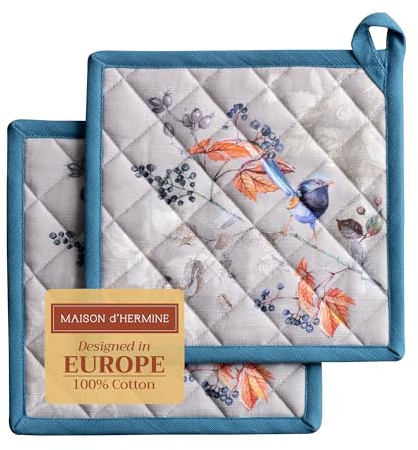 Maison d' Hermine Pot Holders Set 100% Cotton Heat Resistant Potholders 8 x 8 Hot Pads with Loop for Thanksgiving Christmas Decorations BBQ Baking Handling Hot Pans (Pack of 2, Equinoxe - Grey)
