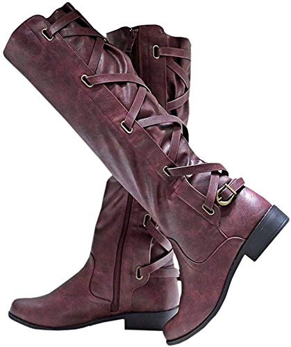Coutgo Womens Lace Up Knee High Boots Motorcycle Riding Flat Low Heels Strappy Winter Combat Boots, Burgundy, 7