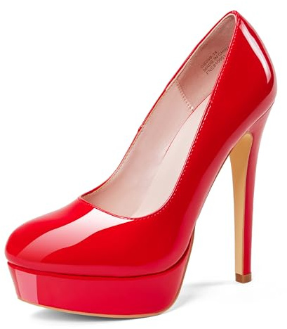 GENSHUO Stilett för kvinnor högklackade platåpatent, 14 cm sexig slip-on plattform klackar hovskor för kvinnor storlek 3,5-8,5 UK, Röd, 40 EU
