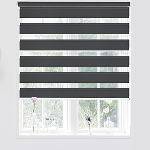 Kokorona Day and Night Zebra Roller Blinds, Dual Layer Fabric Zebra Window Blinds for Bedroom, Light Filtering Privacy Day Night Blinds, 45cm Wide x 150cm Length, Dark Grey