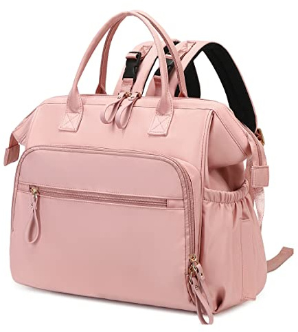 LORADI Sac à langer convertible, large ouverture sur le dessus, 14 poches, avec boucle de poussette, résistant à l'eau, rose clair