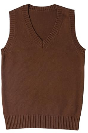 ZUEVI Women's Sweater Vest Classic V Neck Uniform Pullover Knitwear Tops Sleeveless Knitted Sweaters Vests(Coffee-L)