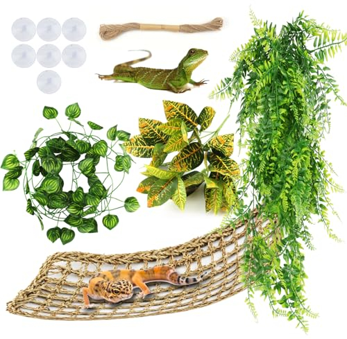 QUOZUO Gecko Lebensraum Dekor Hängematte Reptilien Hängepflanze Terrarium Zubehör Künstliche Pflanzen Kletterreben, Chamäleon Terrarium Deko für Eidechsen, Schlangen, Leguan