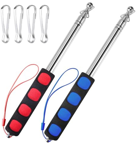 ChAusa 2 Pcs Mât Télescopique Drapeau, 1.6m Mat Drapeau Portatif, Mâts de Drapeau Télescopique à Main en Acier Inoxydable avec 4 Crochets pour Les Guides, Camping, Compétitions (Rouge et Bleu)