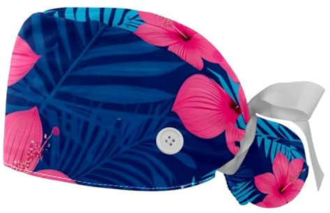 FQURFHY 2 Packed，Tropical flowers palm leaves，Scrub caps women,Scrub caps women ponytail,Surgical scrub cap,for beauty salon