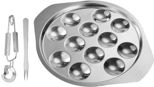 Veesper 3Pcs/Set Escargot Dish with Tong and Fork 12 Grid Stainless Steel Escargot Plate with Handle Round Smooth Escargot Baking Dish for Kitchen Restaurant