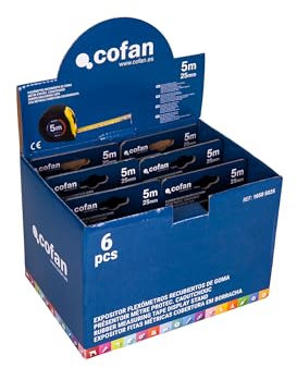 Cofan Expositor para Flexómetros con Protección de Goma de Cofan | Incluye 6 Flexómetros | Flexómetro de 5, 8 o 10 m x 25 o 32 mm (hoja) (6, 5 m x 25 mm)