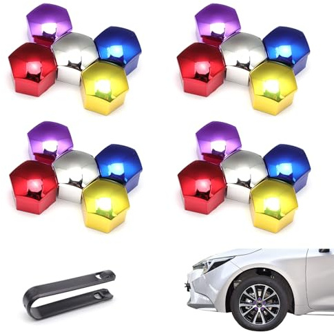 YFaith 20 Piezas Tapones Rueda Coche, Tapa del Perno de la Rueda 17 mm, con Herramienta de Extracción, 5 Colores Cubierta de Tuerca de Neumático, a Prueba de Polvo, Decoración Hexagonal