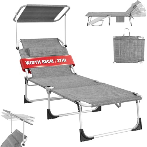 LZQ Solstol, hopfällbar solstol med soltak och sidoficka, trädgårdsfåtölj av 600D oxfordtyg, 194 x 68 x 30 cm, för terrass, balkong, camping och utomhus, kan belastas upp till 100 kg (lina grå)